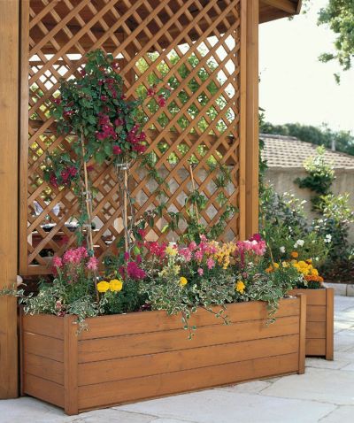 Переносной цветник, клумба с трельяжными решетками для вьющихся растений (шпалерой)